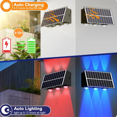 Solar Powered Fence Lights Outdoor LED Up Down Luminous Lighting RGB Garden Wall Decoration Waterproof Yard Lamps Deck Patio