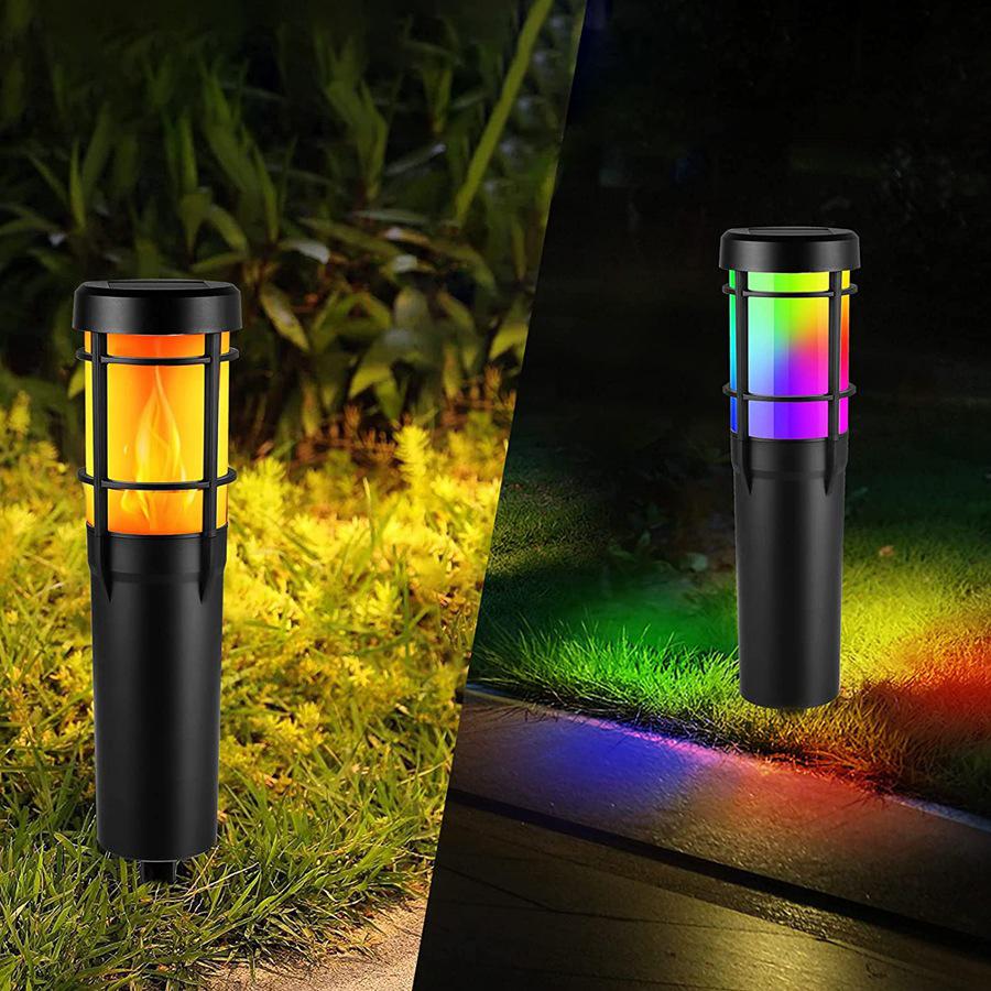 Solar Pathway Lights Outdoor, with Flickering Flame and RGB Color Changing, LED Solar Outdoor Lights for Yard, Garden, Pathway, Lawn - IP65 Waterproof