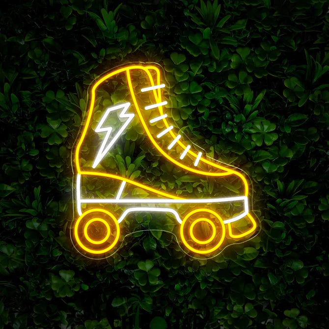 Classic Roller Skate Neon Sign – Vibrant Yellow and White with Lightning Bolt Accent for Roller Rinks, Skate Shops, and Home Décor