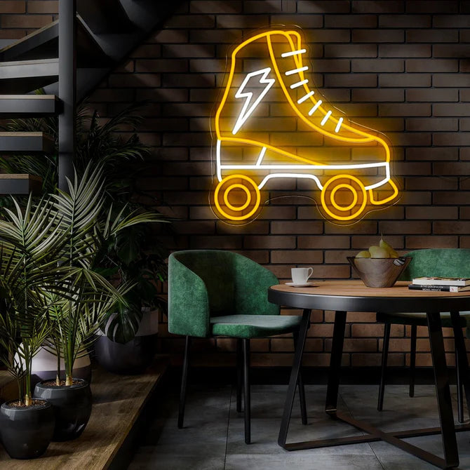 Classic Roller Skate Neon Sign – Vibrant Yellow and White with Lightning Bolt Accent for Roller Rinks, Skate Shops, and Home Décor