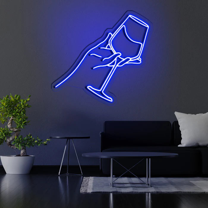 Elegant Wine Glass Neon Sign Striking Blue Hue Premium Quality and Sophisticated Design for Enhancing Social and Intimate Spaces