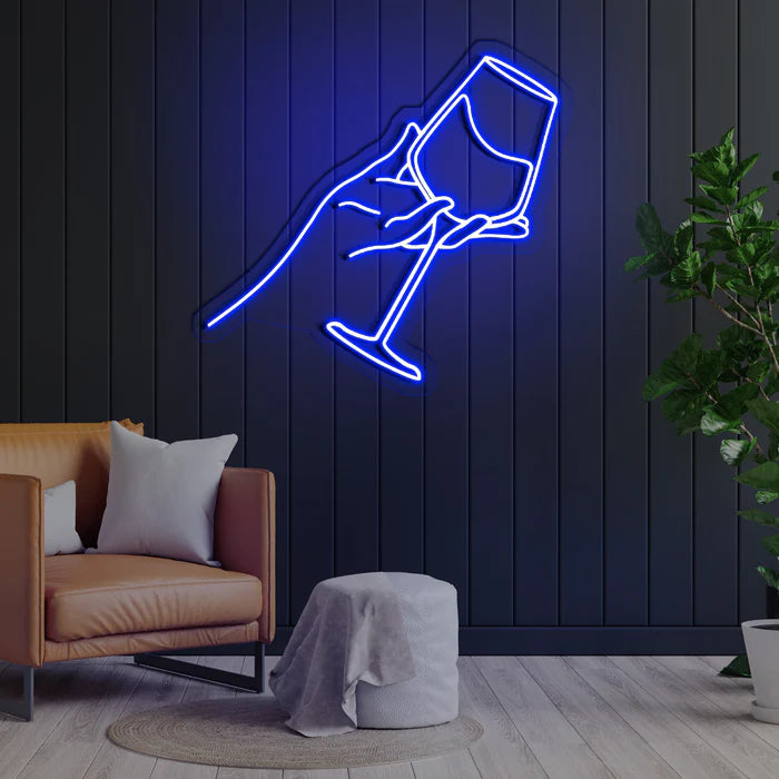 Elegant Wine Glass Neon Sign Striking Blue Hue Premium Quality and Sophisticated Design for Enhancing Social and Intimate Spaces