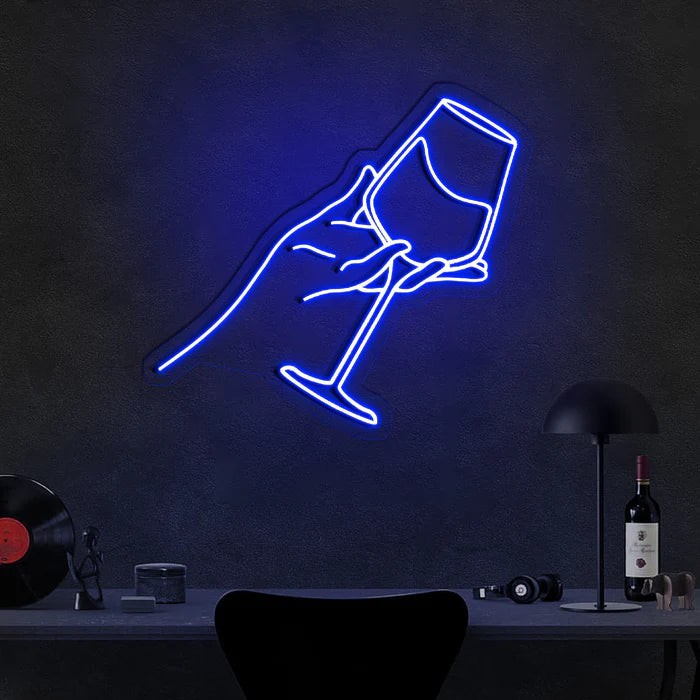 Elegant Wine Glass Neon Sign Striking Blue Hue Premium Quality and Sophisticated Design for Enhancing Social and Intimate Spaces